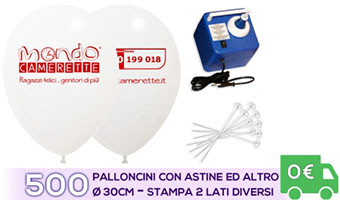 Offerta: 500 Palloncini Personalizzati su due lati diversi con astine e gonfiatore elettrico